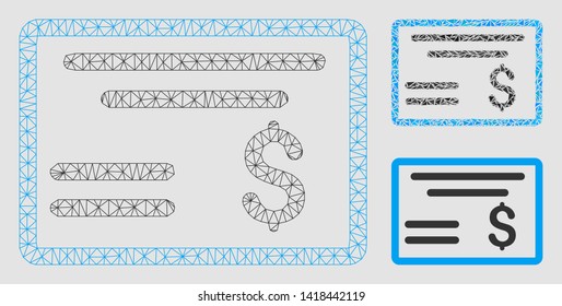 Mesh dollar cheque model with triangle mosaic icon. Wire frame triangular mesh of dollar cheque. Vector mosaic of triangle elements in variable sizes and color shades. Abstract 2d mesh dollar cheque,