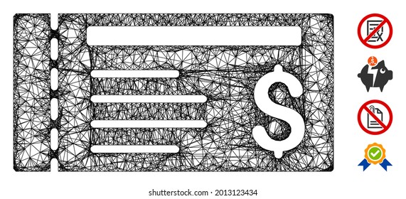 Mesh dollar cheque web icon vector illustration. Carcass model is based on dollar cheque flat icon. Network forms abstract dollar cheque flat carcass.