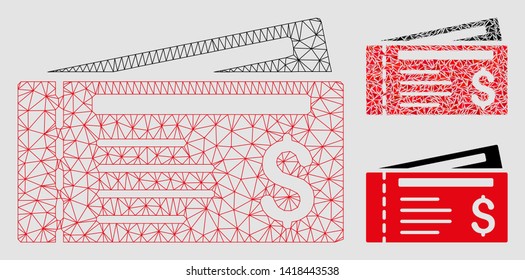 Mesh dollar cheques model with triangle mosaic icon. Wire carcass polygonal mesh of dollar cheques. Vector mosaic of triangles in variable sizes and color hues. Abstract flat mesh dollar cheques,