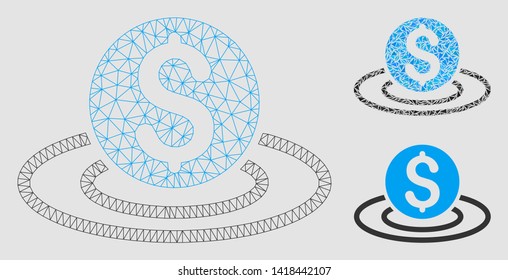 Mesh dollar coin area model with triangle mosaic icon. Wire carcass polygonal mesh of dollar coin area. Vector collage of triangle parts in different sizes and color tints.