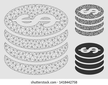 Mesh dollar coin column model with triangle mosaic icon. Wire carcass triangular mesh of dollar coin column. Vector mosaic of triangle elements in various sizes and color tones.