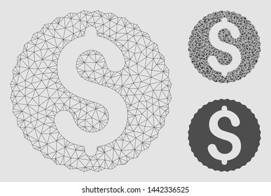 Mesh dollar coin model with triangle mosaic icon. Wire carcass polygonal mesh of dollar coin. Vector mosaic of triangle elements in different sizes and color hues. Abstract 2d mesh dollar coin,