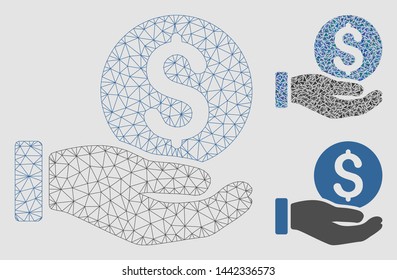 Mesh dollar coin payment hand model with triangle mosaic icon. Wire frame polygonal mesh of dollar coin payment hand. Vector mosaic of triangles in different sizes and color shades.