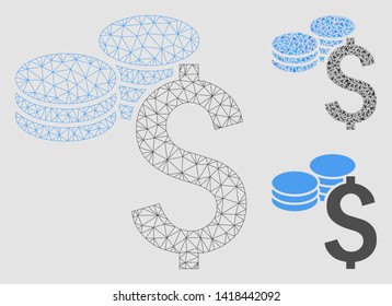 Mesh dollar coins model with triangle mosaic icon. Wire carcass polygonal mesh of dollar coins. Vector collage of triangle elements in different sizes and color tints. Abstract 2d mesh dollar coins,