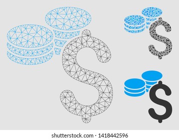 Mesh dollar coins model with triangle mosaic icon. Wire carcass polygonal mesh of dollar coins. Vector mosaic of triangle parts in variable sizes and color tints. Abstract 2d mesh dollar coins,