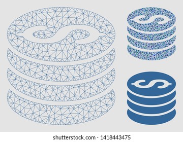 Mesh dollar coins model with triangle mosaic icon. Wire carcass polygonal mesh of dollar coins. Vector mosaic of triangle parts in various sizes and color tints. Abstract 2d mesh dollar coins,