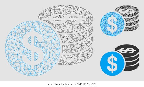 Mesh dollar coins model with triangle mosaic icon. Wire carcass polygonal mesh of dollar coins. Vector mosaic of triangle elements in variable sizes and color tinges. Abstract 2d mesh dollar coins,