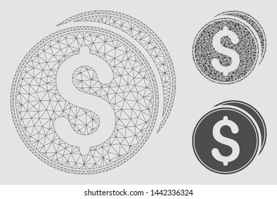 Mesh dollar coins model with triangle mosaic icon. Wire carcass triangular mesh of dollar coins. Vector collage of triangle parts in various sizes and color shades. Abstract 2d mesh dollar coins,