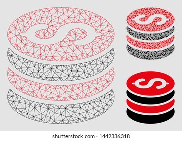 Mesh dollar coins stack model with triangle mosaic icon. Wire frame polygonal mesh of dollar coins stack. Vector mosaic of triangle elements in various sizes and color shades.