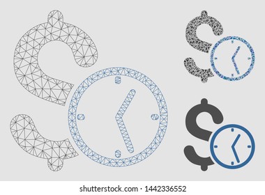 Mesh dollar credit model with triangle mosaic icon. Wire carcass triangular network of dollar credit. Vector mosaic of triangle parts in different sizes and color tinges.