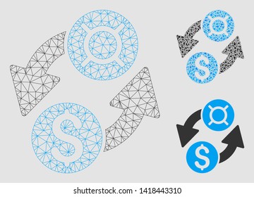 Mesh dollar currency exchange model with triangle mosaic icon. Wire frame triangular mesh of dollar currency exchange. Vector composition of triangle elements in different sizes and color tinges.