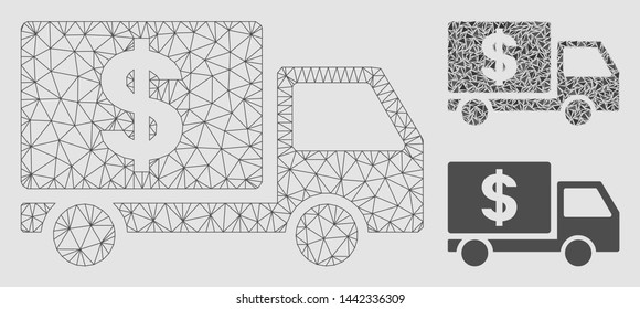 Mesh dollar delivery model with triangle mosaic icon. Wire carcass polygonal mesh of dollar delivery. Vector mosaic of triangle elements in variable sizes and color tinges.