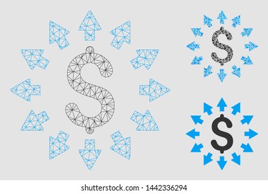 Mesh dollar distribution model with triangle mosaic icon. Wire frame triangular mesh of dollar distribution. Vector mosaic of triangle elements in variable sizes and color hues.