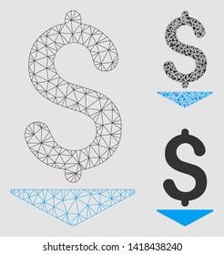 Mesh dollar down model with triangle mosaic icon. Wire carcass triangular mesh of dollar down. Vector collage of triangle parts in different sizes and color tones. Abstract flat mesh dollar down,