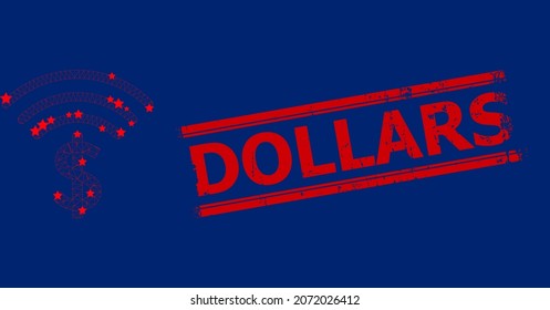 Ilustración de vectores de iconos poligonales de emisión de malla en dólares y sello de sello rayado DOLLARS rojo. El modelo de canal se basa en un icono plano de emisión de dólares, con estrellas y malla triangular.