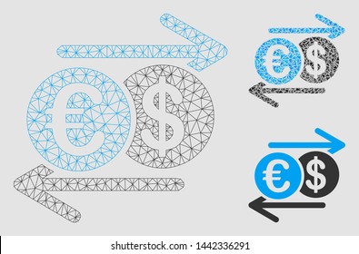 Mesh Dollar Euro exchange model with triangle mosaic icon. Wire carcass triangular mesh of Dollar Euro exchange. Vector mosaic of triangles in different sizes and color tones.