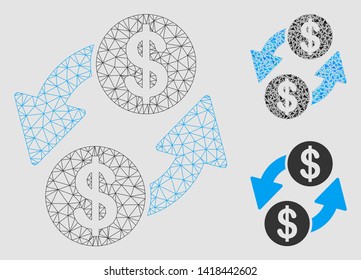Mesh dollar exchange model with triangle mosaic icon. Wire carcass polygonal mesh of dollar exchange. Vector composition of triangle parts in variable sizes and color tints.