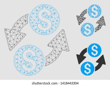 Mesh dollar exchange model with triangle mosaic icon. Wire carcass triangular mesh of dollar exchange. Vector composition of triangle elements in various sizes and color tones.