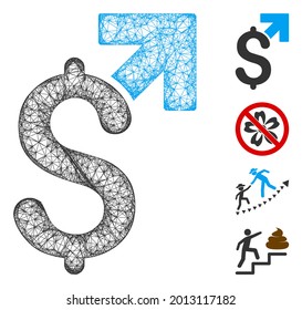 Ilustración vectorial 2d del crecimiento del dólar en malla. El modelo de canal se basa en un icono plano de crecimiento del dólar. La red forma un modelo abstracto de crecimiento de dólares.