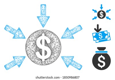 Mesh dollar income arrows polygonal web symbol vector illustration. Model is based on dollar income arrows flat icon. Triangle network forms abstract dollar income arrows flat model.