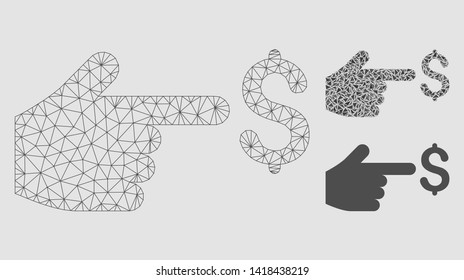 Mesh dollar index model with triangle mosaic icon. Wire frame polygonal network of dollar index. Vector mosaic of triangles in variable sizes and color shades. Abstract flat mesh dollar index,