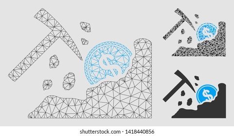 Mesh dollar mining hammer model with triangle mosaic icon. Wire frame triangular mesh of dollar mining hammer. Vector mosaic of triangle parts in various sizes and color tones.