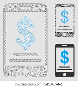 Mesh dollar mobile wallet model with triangle mosaic icon. Wire frame polygonal network of dollar mobile wallet. Vector mosaic of triangle elements in variable sizes and color shades.
