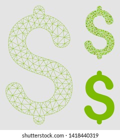 Mesh dollar model with triangle mosaic icon. Wire carcass triangular network of dollar. Vector mosaic of triangle parts in various sizes and color tones. Abstract 2d mesh dollar,