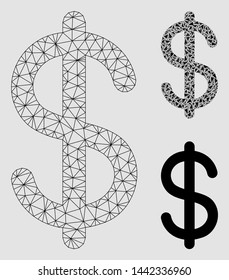 Mesh dollar model with triangle mosaic icon. Wire frame polygonal network of dollar. Vector mosaic of triangle parts in various sizes and color shades. Abstract 2d mesh dollar,