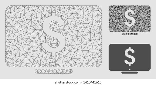 Mesh dollar monitor model with triangle mosaic icon. Wire carcass triangular mesh of dollar monitor. Vector collage of triangle elements in different sizes and color hues.