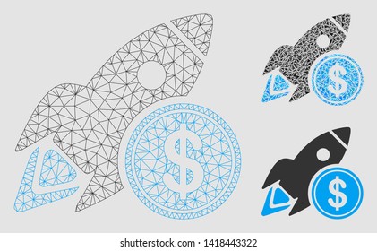 Mesh dollar rocket model with triangle mosaic icon. Wire frame polygonal network of dollar rocket. Vector mosaic of triangle elements in various sizes and color shades.