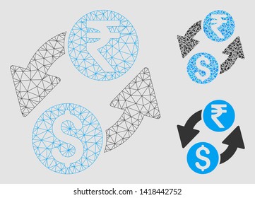 Mesh dollar rupee exchange model with triangle mosaic icon. Wire frame triangular mesh of dollar rupee exchange. Vector mosaic of triangle parts in variable sizes and color tints.
