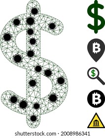 Mesh dollar sign polygonal icon vector illustration, with black virus centers. Carcass model is created from dollar sign flat icon, with covid centers and polygonal mesh.