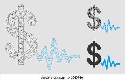 Mesh dollar signal model with triangle mosaic icon. Wire carcass triangular network of dollar signal. Vector mosaic of triangle elements in variable sizes and color tints.