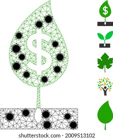 Der Mesh-Dollar sprießt polygonal Symbol Vektorgrafik, mit schwarzen Infektionszentren. Das Modell wird aus dem Dollar-Sprossebild-Symbol, mit infektiösen Knoten und dreieckigen Netz erstellt.