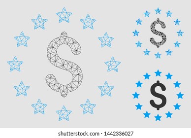 Mesh dollar stars model with triangle mosaic icon. Wire frame polygonal mesh of dollar stars. Vector composition of triangle parts in different sizes and color shades. Abstract 2d mesh dollar stars,