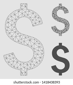 Mesh dollar symbol model with triangle mosaic icon. Wire frame polygonal mesh of dollar symbol. Vector mosaic of triangle elements in various sizes and color tints. Abstract 2d mesh dollar symbol,