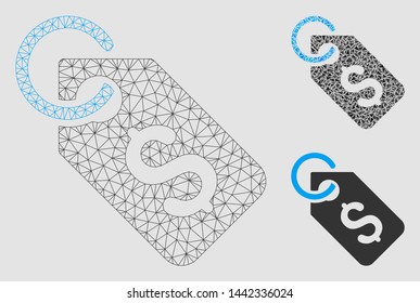 Mesh dollar tag model with triangle mosaic icon. Wire carcass triangular mesh of dollar tag. Vector composition of triangle parts in variable sizes and color tints. Abstract flat mesh dollar tag,