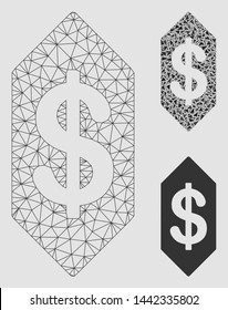 Mesh dollar ticket model with triangle mosaic icon. Wire frame triangular mesh of dollar ticket. Vector mosaic of triangles in different sizes and color tones. Abstract 2d mesh dollar ticket,