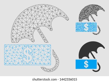 Mesh dollar umbrella model with triangle mosaic icon. Wire carcass triangular mesh of dollar umbrella. Vector mosaic of triangle elements in various sizes and color hues.