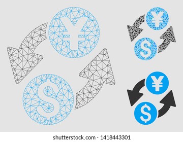 Mesh dollar yen exchange model with triangle mosaic icon. Wire carcass polygonal network of dollar yen exchange. Vector mosaic of triangle parts in variable sizes and color tints.