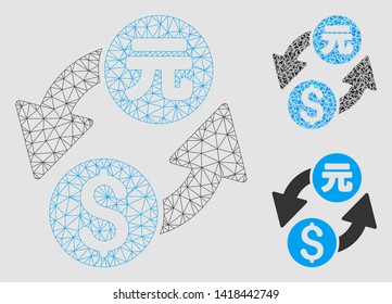 Mesh dollar yuan exchange model with triangle mosaic icon. Wire carcass triangular network of dollar yuan exchange. Vector composition of triangle parts in different sizes and color tones.