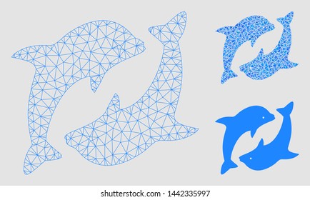 Mesh dolphins model with triangle mosaic icon. Wire frame polygonal mesh of dolphins. Vector mosaic of triangle elements in variable sizes and color tones. Abstract flat mesh dolphins,