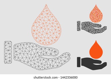 Mesh donate blood model with triangle mosaic icon. Wire carcass polygonal mesh of donate blood. Vector mosaic of triangle parts in variable sizes and color tones. Abstract flat mesh donate blood,