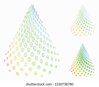 Mesh dotted abstract cone model with triangle mosaic icon. Wire frame triangular mesh of dotted abstract cone. Vector mosaic of triangles in variable sizes, and color tones.