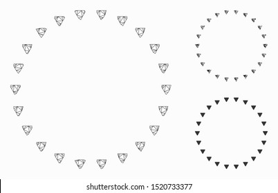 Mesh dotted circle model with triangle mosaic icon. Wire carcass triangular mesh of dotted circle. Vector collage of triangle elements in various sizes, and color hues. Abstract 2d mesh dotted circle,