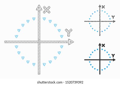 Mesh dotted circle plot model with triangle mosaic icon. Wire frame polygonal network of dotted circle plot. Vector mosaic of triangle elements in various sizes, and color tones.