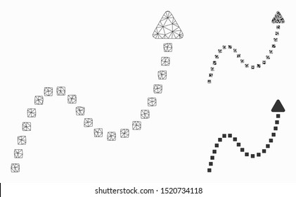 Mesh dotted curve direction model with triangle mosaic icon. Wire carcass polygonal mesh of dotted curve direction. Vector mosaic of triangle parts in different sizes, and color tints.