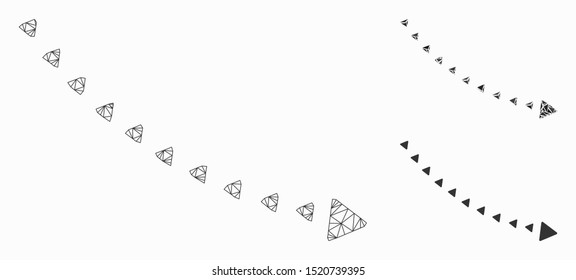 Mesh dotted decline trend model with triangle mosaic icon. Wire frame triangular mesh of dotted decline trend. Vector mosaic of triangles in variable sizes, and color tinges.
