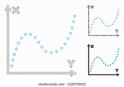 Mesh dotted function graph model with triangle mosaic icon. Wire frame polygonal network of dotted function graph. Vector mosaic of triangle elements in various sizes, and color tones.